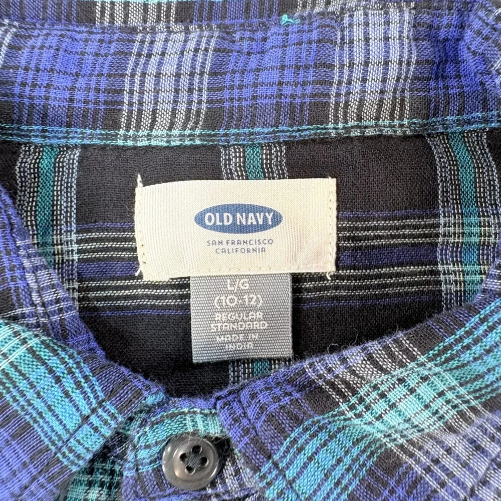 Old Navy Kids Blue Teal Plaid Flannel Button Down Shirt Size L 10-12‎ NWT